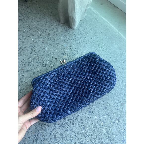 It's In The Bag Ritter Clutch Navy Woven Purse Raffia Kiss Lock Evening Bag - Picture 1 of 2